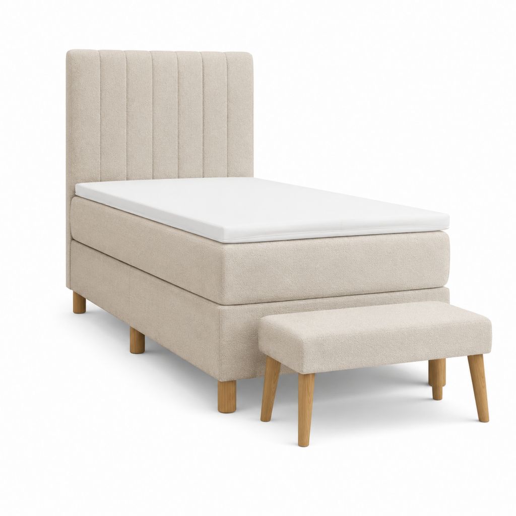 Lit une place rectangulaire beige en polyester 90 x 200 cm avec matelas et banc