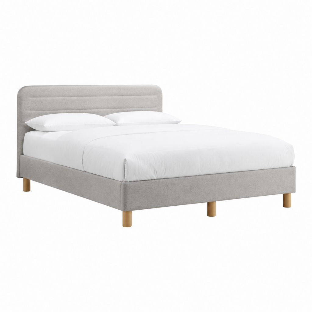 Cadre de lit double 160 x 200 cm gris clair en polyester avec tête de lit capitonnée et pieds en bois massif