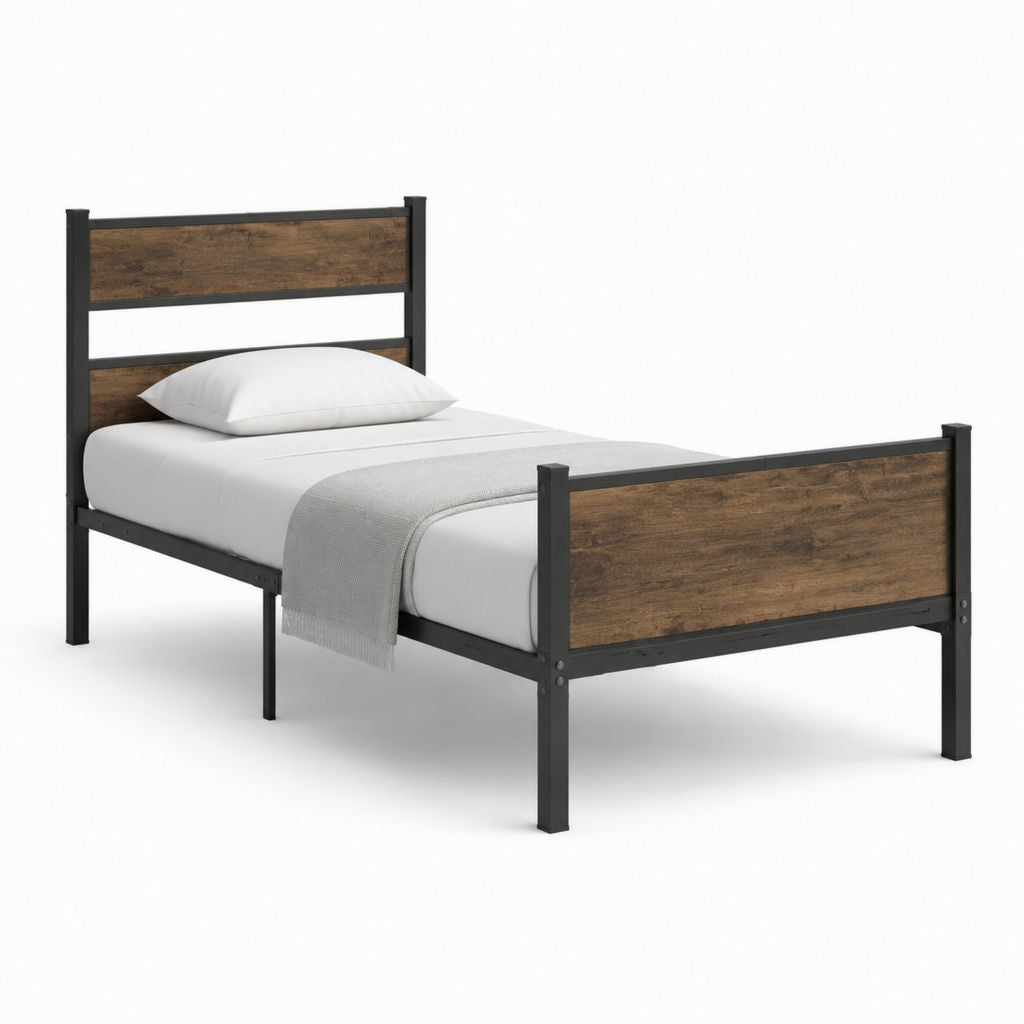 Lit simple cadre de lit rectangulaire noir et brun en acier et panneaux MDF 90 x 190 cm