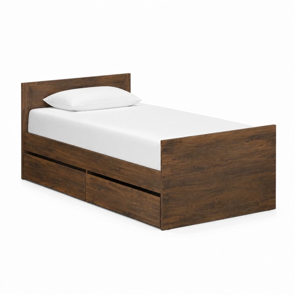 Lit simple avec tiroirs marron foncé en panneaux de particules 90 x 190 cm
