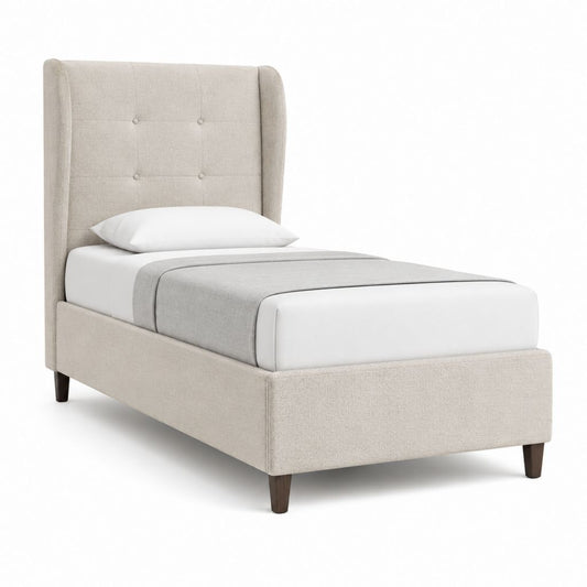 Lit simple capitonné beige en polyester avec cadre et tête de lit 90 x 190 cm