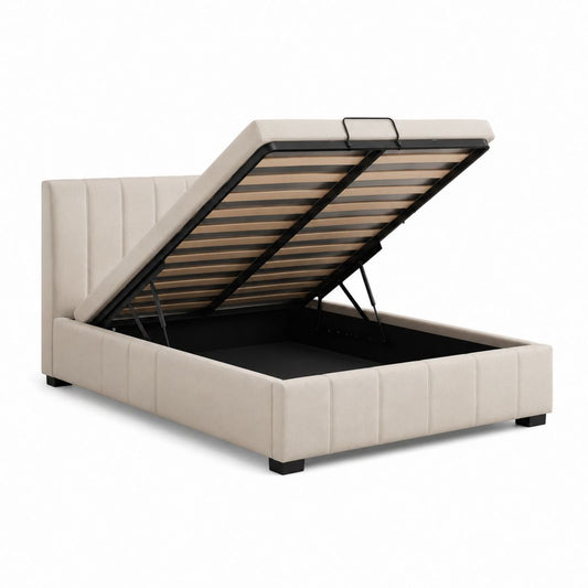 Lit coffre 160 x 200 cm beige en polyester rectangulaire avec sommier à lattes
