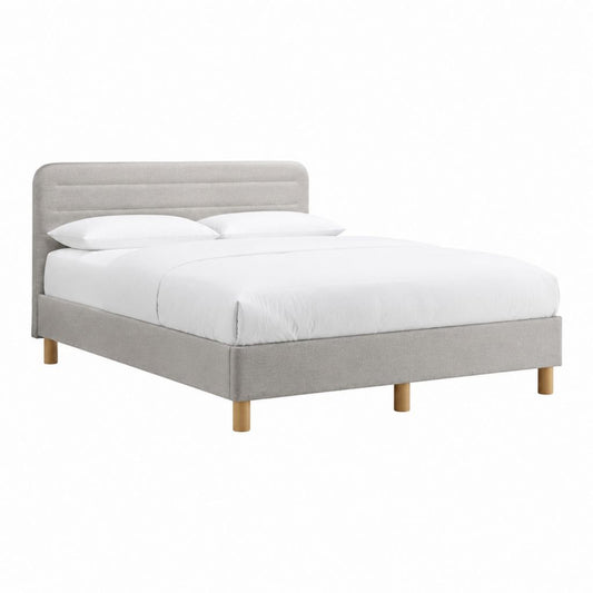 Cadre de lit double 160 x 200 cm gris clair en polyester avec tête de lit capitonnée et pieds en bois massif