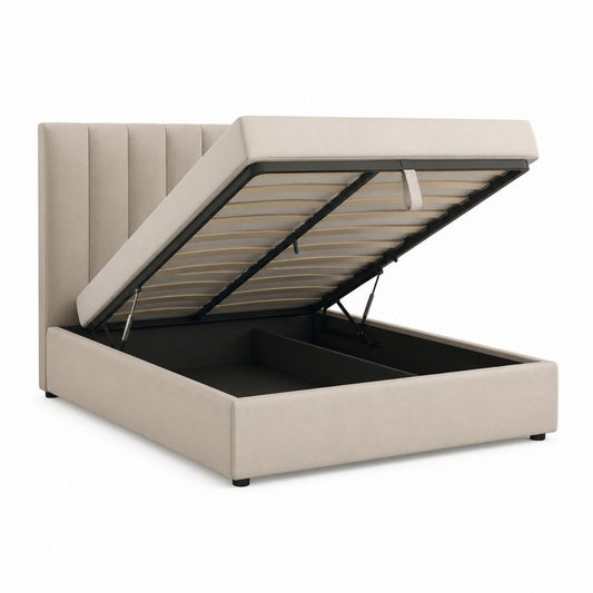Lit coffre 160 x 200 cm beige en polyester avec sommier relevable et tête de lit capitonnée