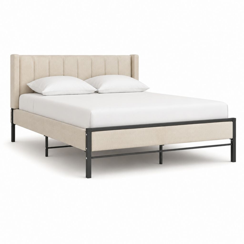 Cadre de lit double 160 x 200 cm beige en polyester avec structure en acier noir