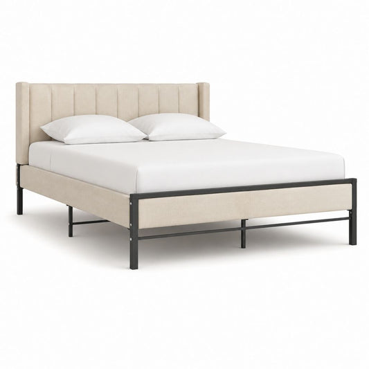 Cadre de lit double 160 x 200 cm beige en polyester avec structure en acier noir