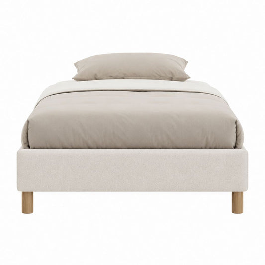 Lit double 160 x 200 cm beige en polyester bouclette avec pieds en bois massif