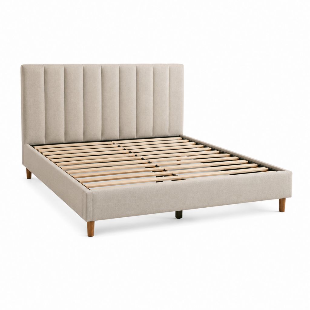 Lit double 160 x 200 cm beige en polyester avec tête de lit capitonnée et sommier à lattes