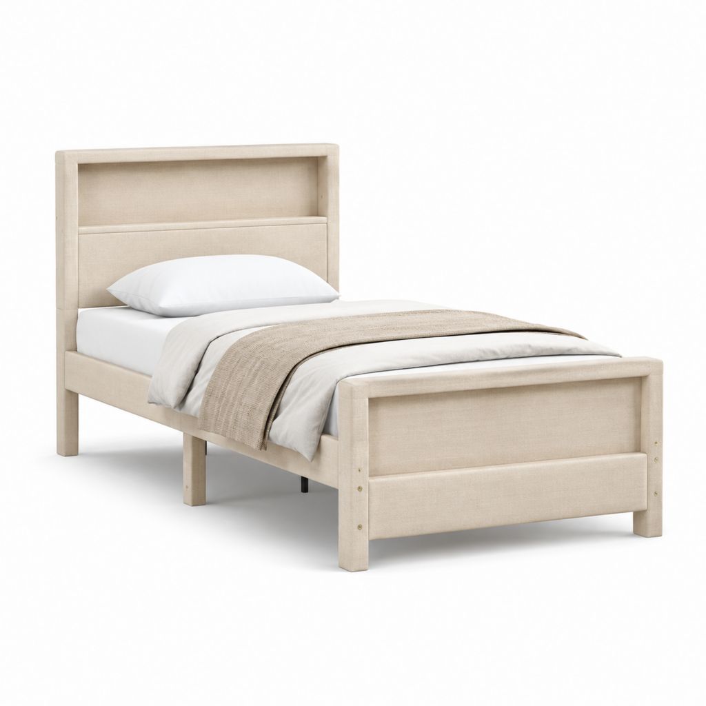 Cadre de lit simple beige en polyester 90 x 190 cm avec tête de lit et pied de lit rembourrés