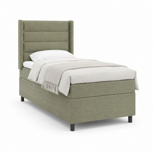Lit une place capitonné vert olive en polyester 90 x 190 cm avec tête de lit haute