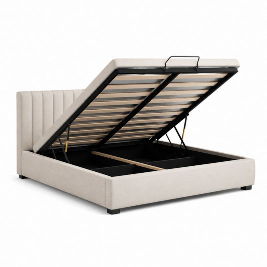 Lit coffre 160 x 200 cm beige en polyester avec sommier à lattes relevable