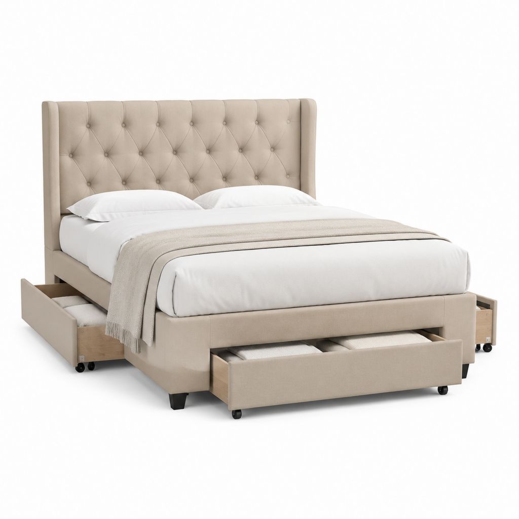 Lit coffre capitonné beige en polyester avec 3 tiroirs 160 x 200 cm
