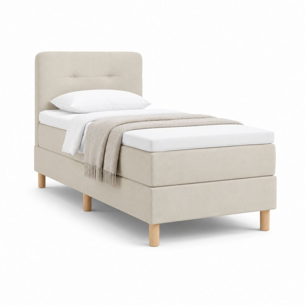 Lit une place beige en polyester avec tête de lit capitonnée 90 x 200 cm