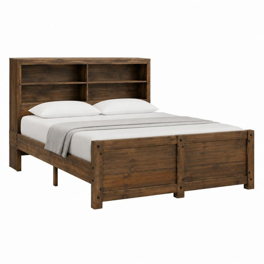 Cadre de lit double 160 x 200 cm marron en pin massif avec tête de lit à étagères